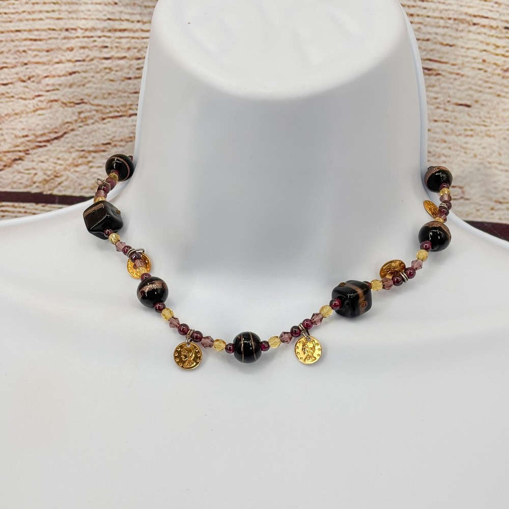 Vintage Style‎ Beaded Choker Necklace Black Lampwork Glass Gold Coin Charms 14"